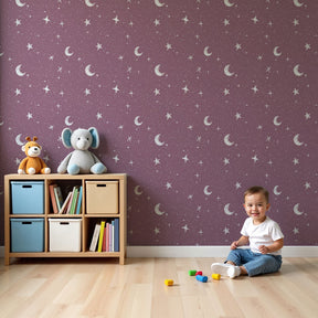 Purple starry sky mural wallpaper with moons and stars in modern kids nursery by Kids-Mundo