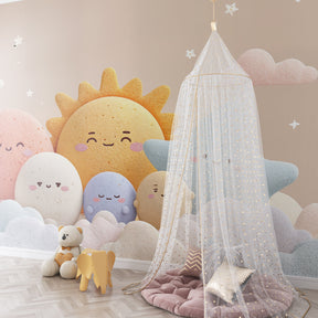 Beige starry sky wallpaper with sun moon characters for cozy toddler bedroom by Kids-Mundo