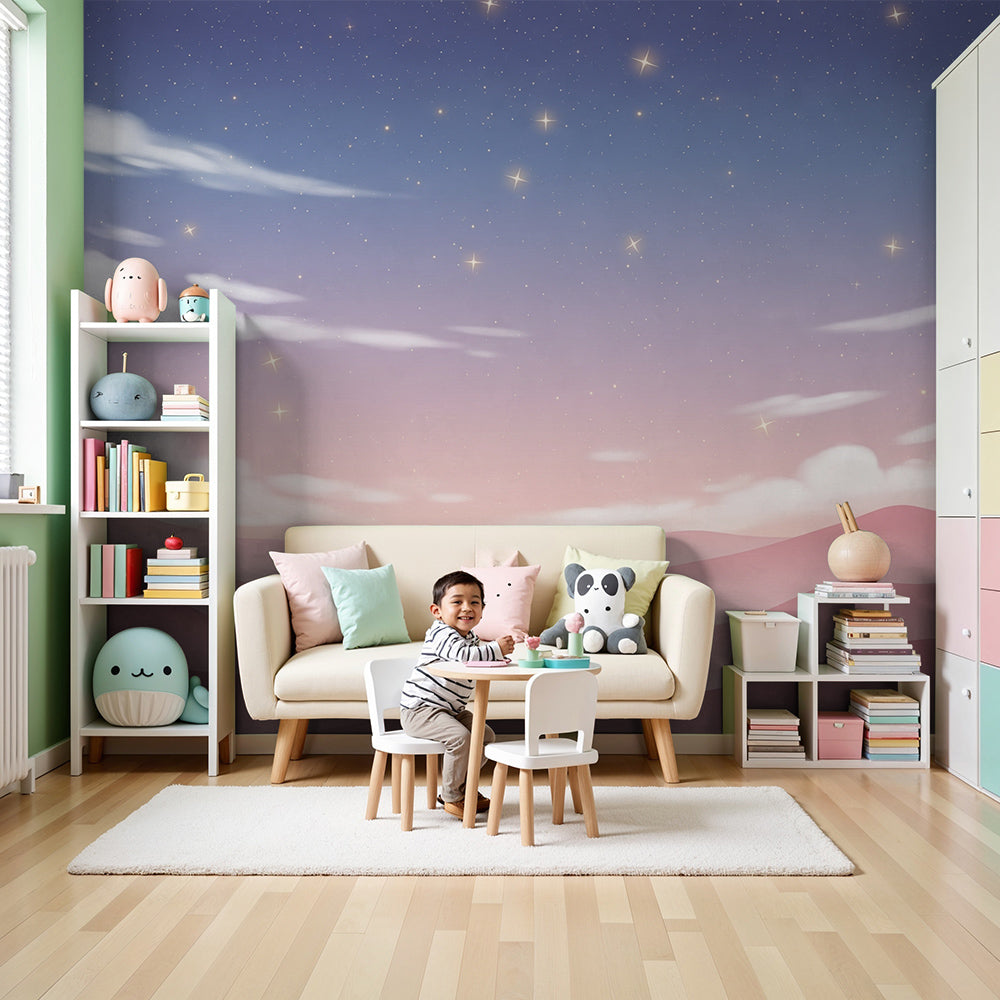Kids-Mundo starry sky and pink hills wall mural styled behind a cot in a calm nursery
