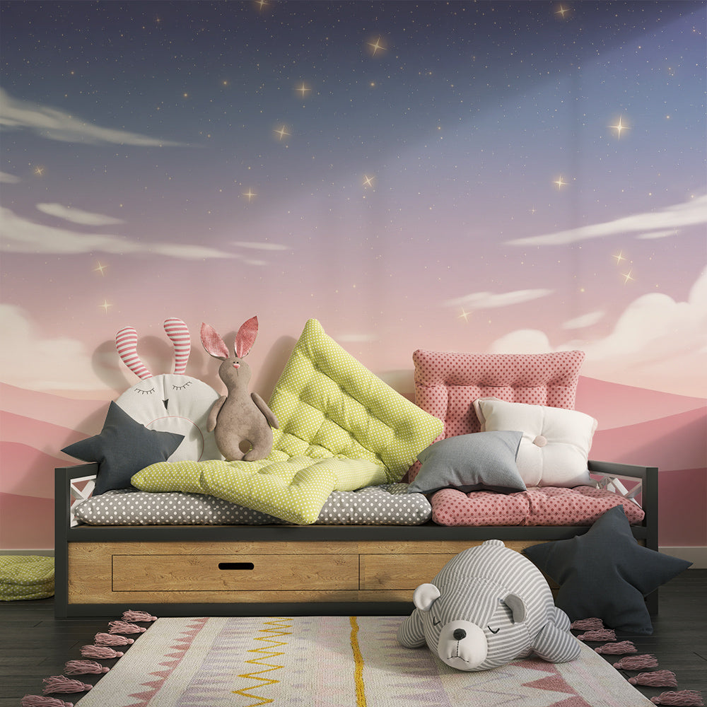 Kids-Mundo starry sky wall mural covering a wall in a dreamy children's playroom