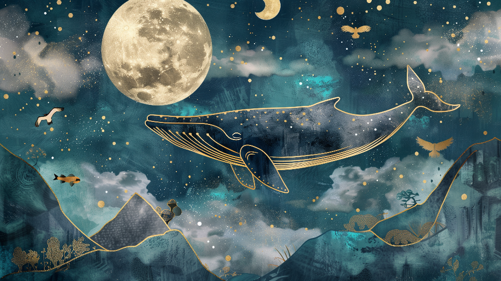 Starry Whale Beneath a Golden Moon Wall Mural