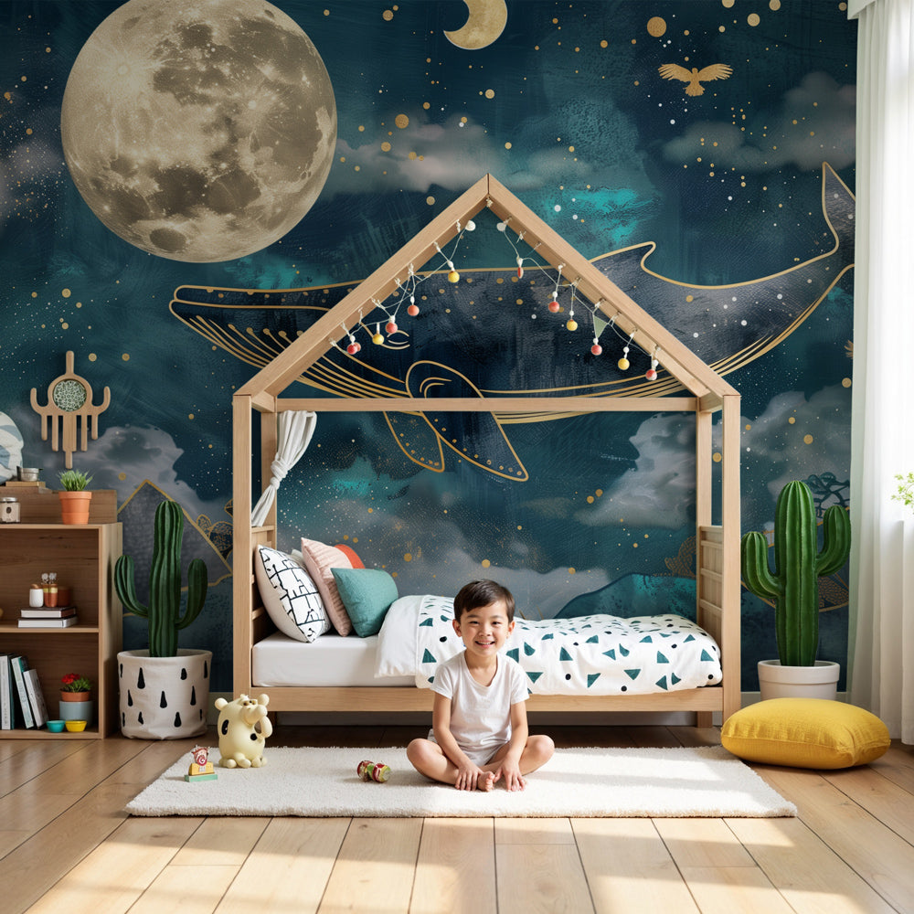 Kids-Mundo starry whale wall mural styled in a calm teal-and-gold nursery