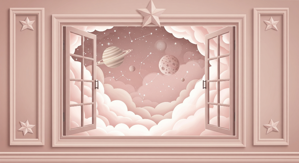 Starry Window Nursery Sky with Clouds and Planets Wall Mural