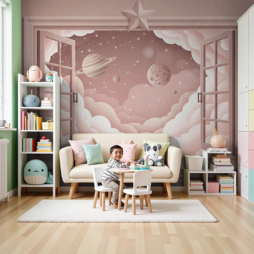 Starry window wall mural by Kids-Mundo styled above a crib in a pink nursery room