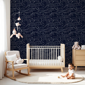 Navy blue stars and waves mural wallpaper in modern children's nursery by Kids-Mundo