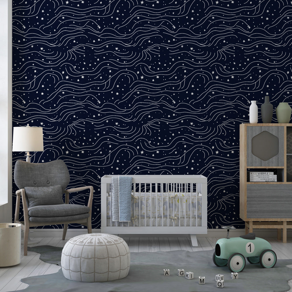 White stars and waves pattern on navy background transforming child's room into celestial space
