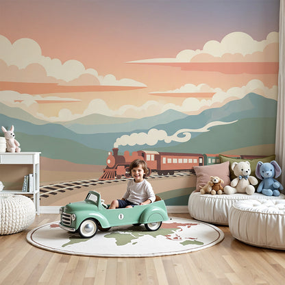 Kids-Mundo steam train wall mural with sunset mountains in a soft nursery