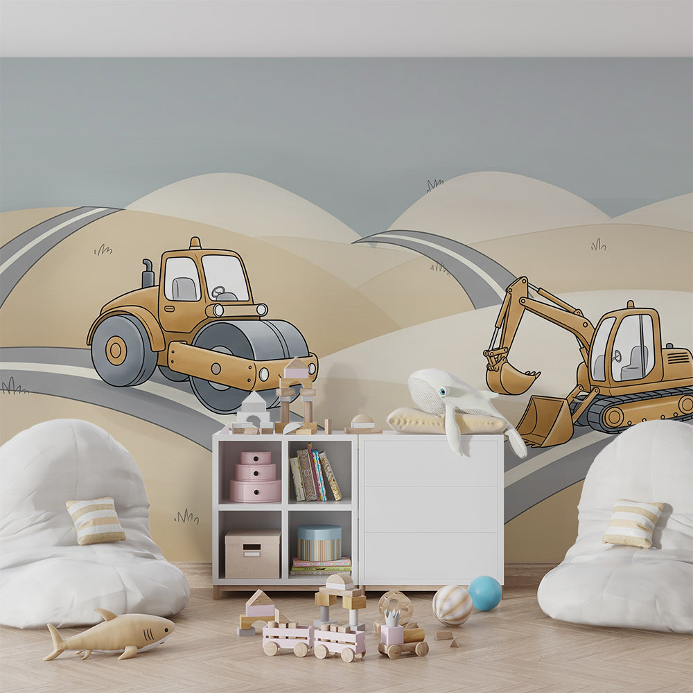 Kids-Mundo steamroller and digger wall mural behind a bed in a kids bedroom.