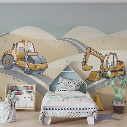 Kids-Mundo steamroller and digger wall mural adding action to a busy playroom.