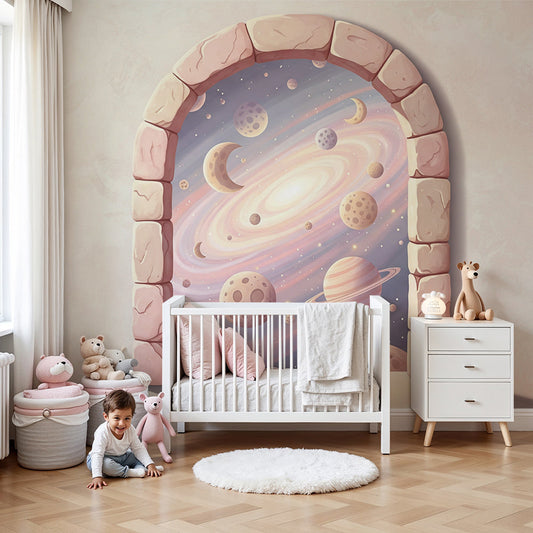 Kids-Mundo pastel galaxy archway wall mural styled in a soft beige baby nursery room