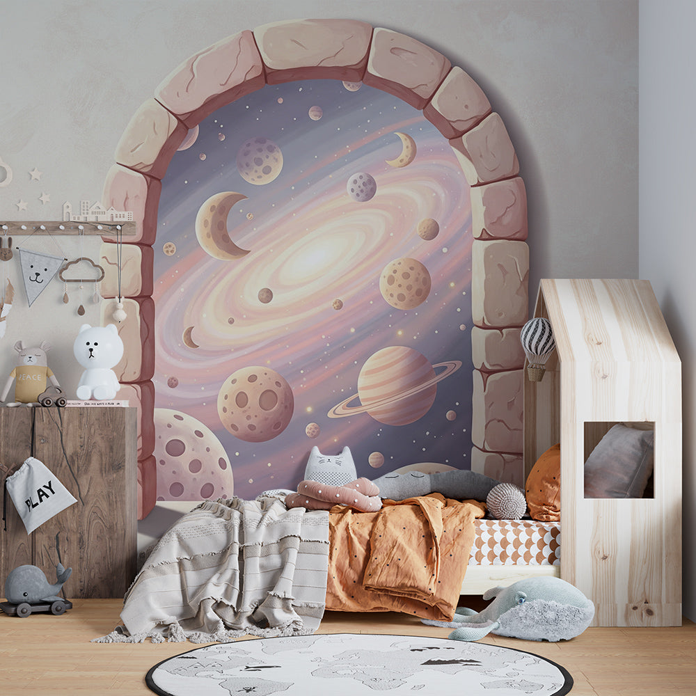 Kids-Mundo galaxy and moons wall mural styled in a bright children's playroom