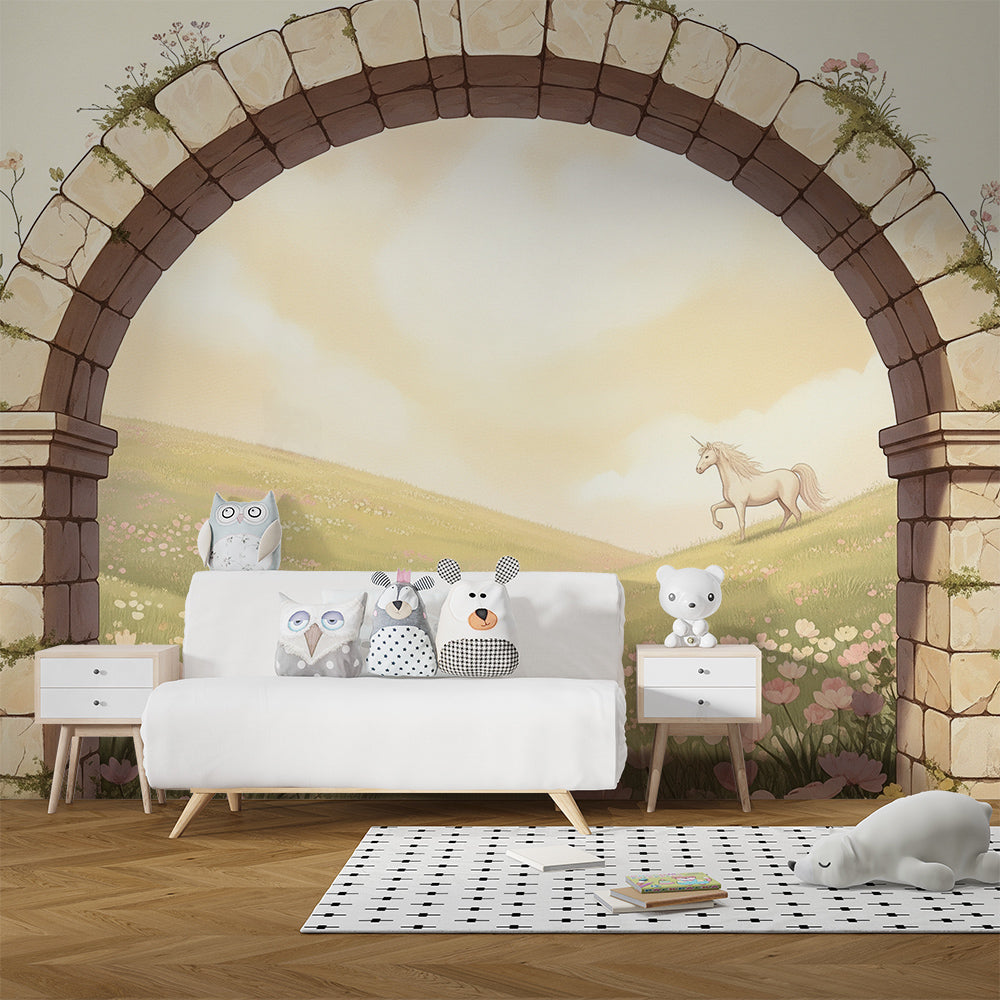 Kids-Mundo unicorn meadow wall mural with a rose archway, in a cosy child's bedroom.