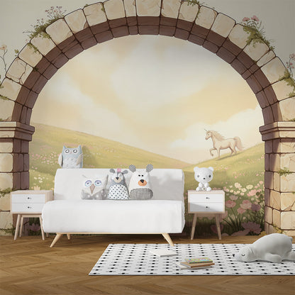 Kids-Mundo unicorn meadow wall mural with a rose archway, in a cosy child's bedroom.