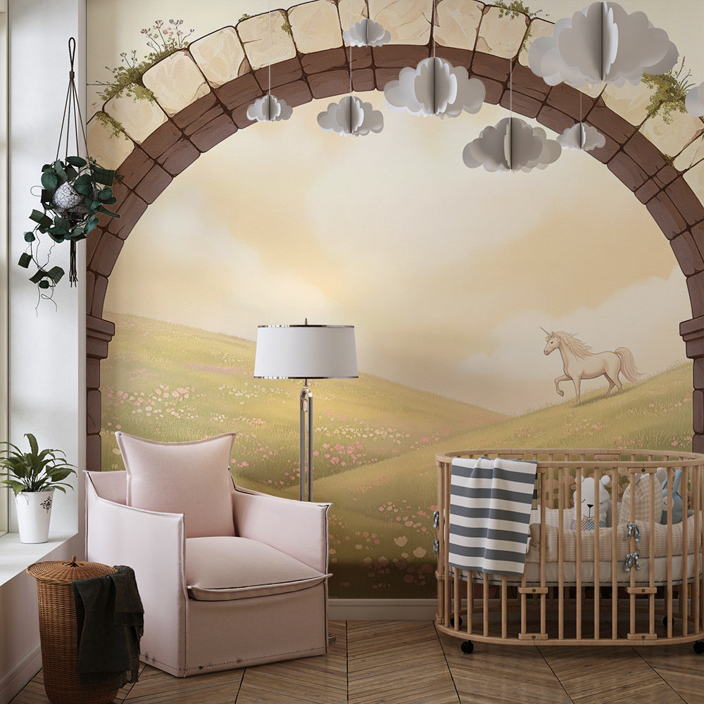 Kids-Mundo stone archway unicorn meadow wall mural bringing warmth to a playroom.