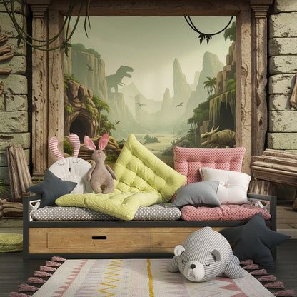 Kids-Mundo prehistoric stone archway dinosaur mural on a feature wall in a kids bedroom with bunk bed