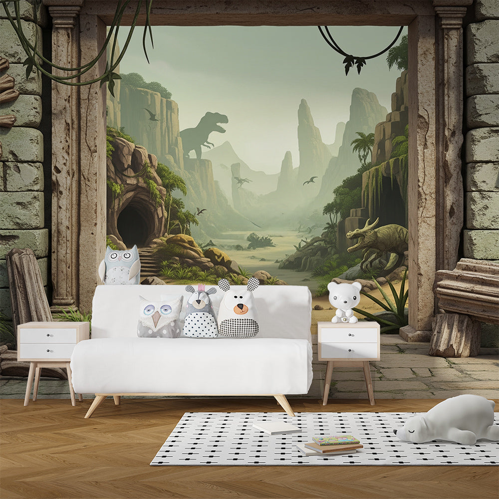 Kids-Mundo dinosaur doorway wall mural covering a playroom wall beside toy storage and rug