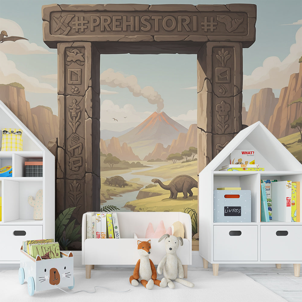 Kids-Mundo stone gateway dinosaur mural covering a wall in an explorer-themed kids bedroom.