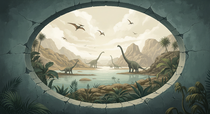 Kids-Mundo flat artwork of a cracked stone portal revealing a valley of dinosaurs by a lake.