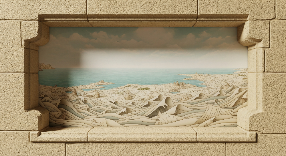 Stone Window Ocean Waves Wall Mural