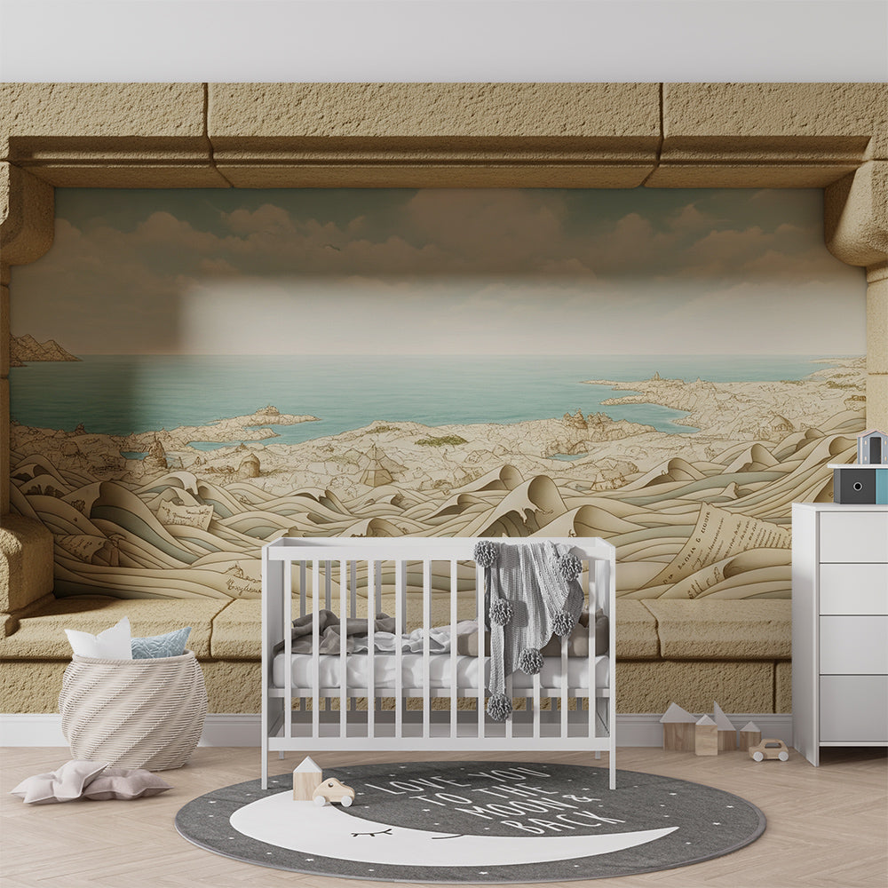 Kids-Mundo stone window and wave wall mural covering a wall in a bright playroom.