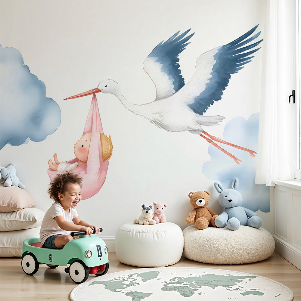 Kids-Mundo stork carrying a baby wall mural styled as made-to-measure wallpaper in a soft nursery.
