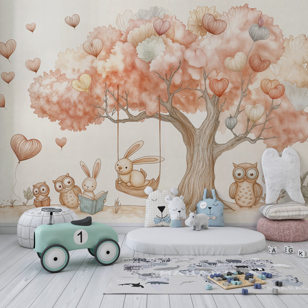 Kids-Mundo storybook tree mural with swinging bunny and owls styled in a child's bedroom