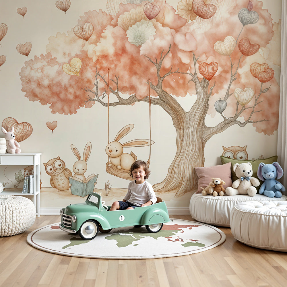 Kids-Mundo storybook tree wall mural with bunnies and owls in a pastel nursery room setting