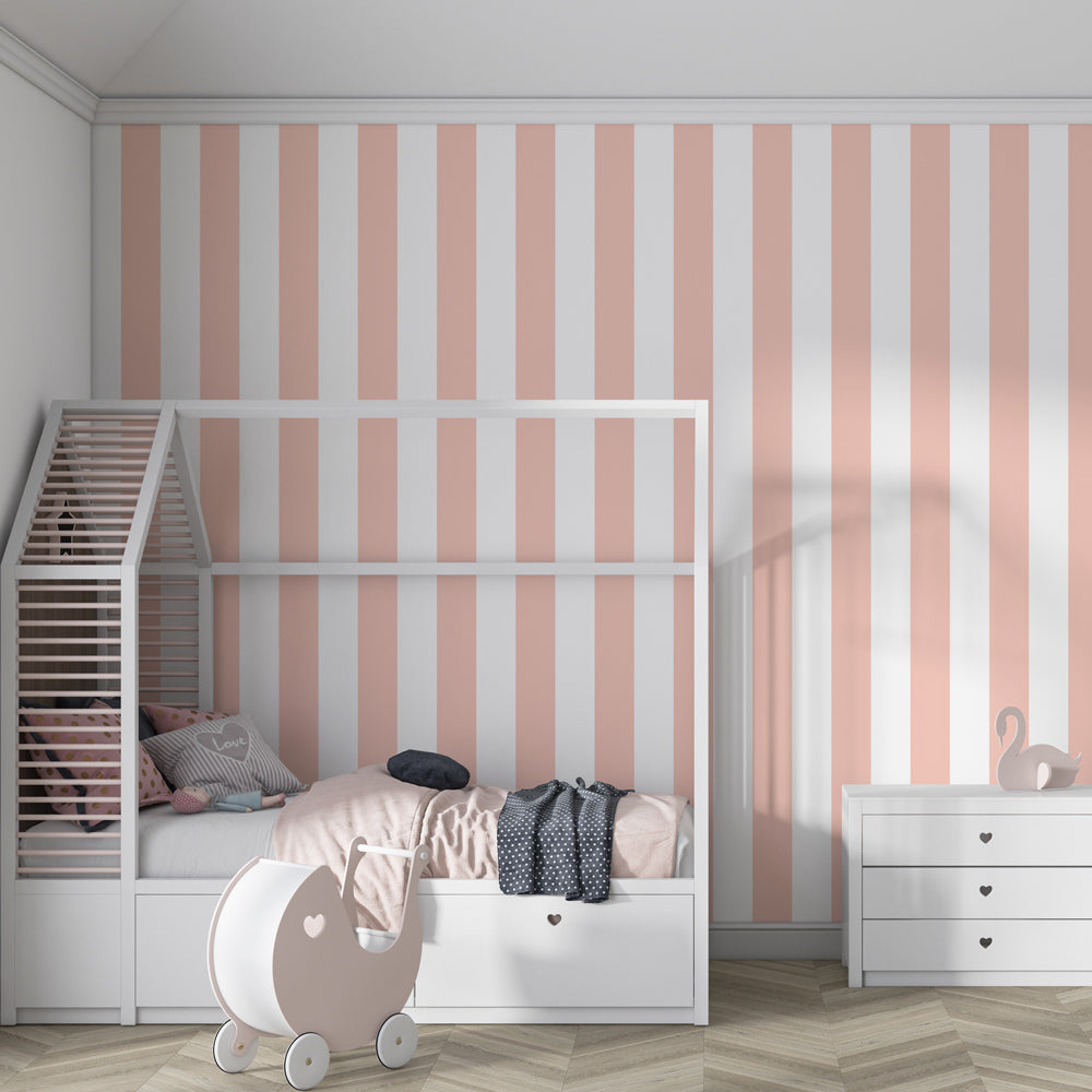 Gentle pink stripe mural wallpaper complementing modern nursery furniture and accessories