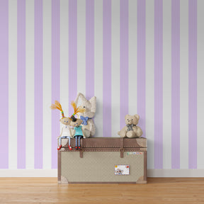 Mauve striped wallpaper creating serene children's bedroom atmosphere with wooden furniture