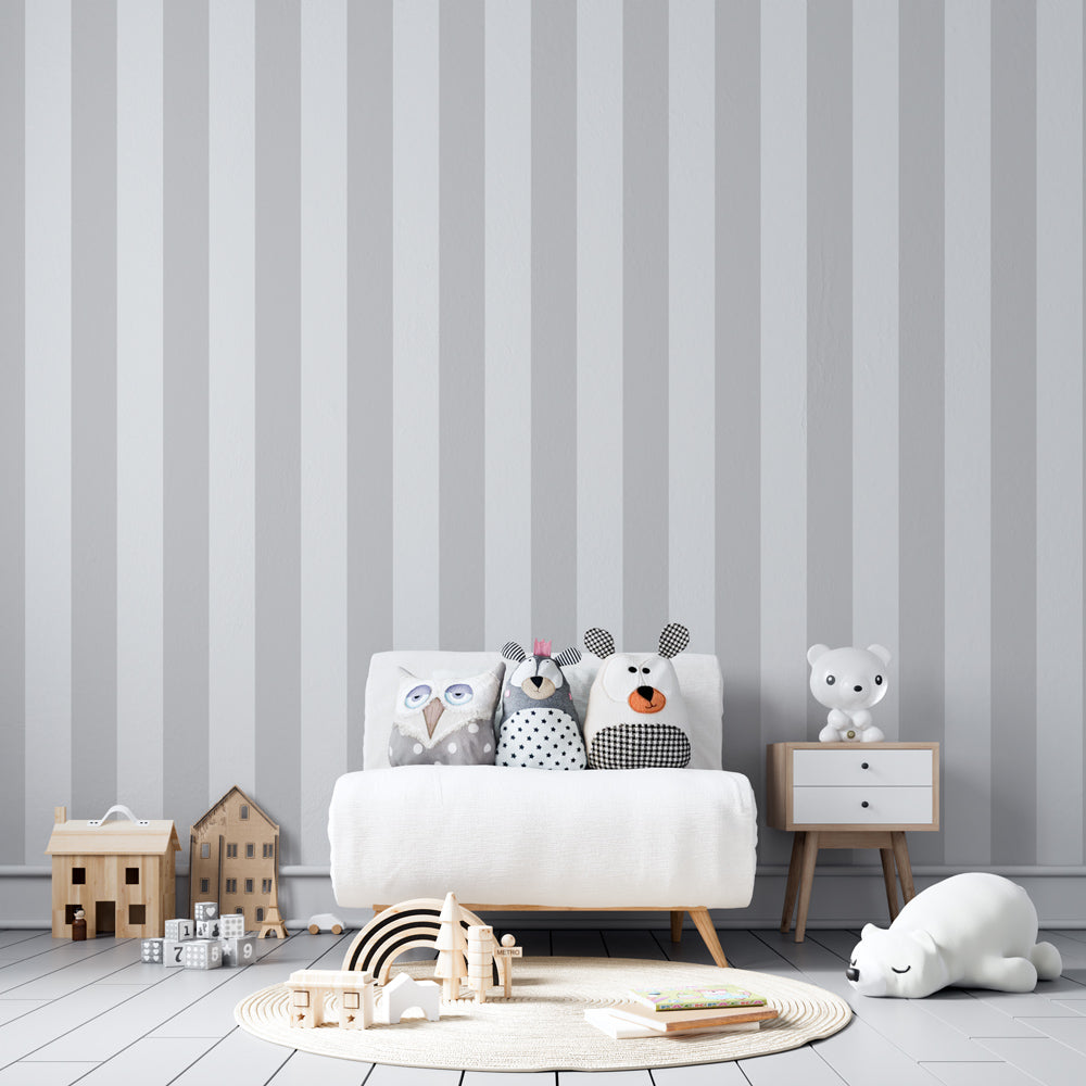Elegant gray striped wallpaper creating sophisticated children's bedroom atmosphere
