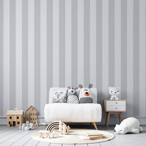 Elegant gray striped wallpaper creating sophisticated children's bedroom atmosphere