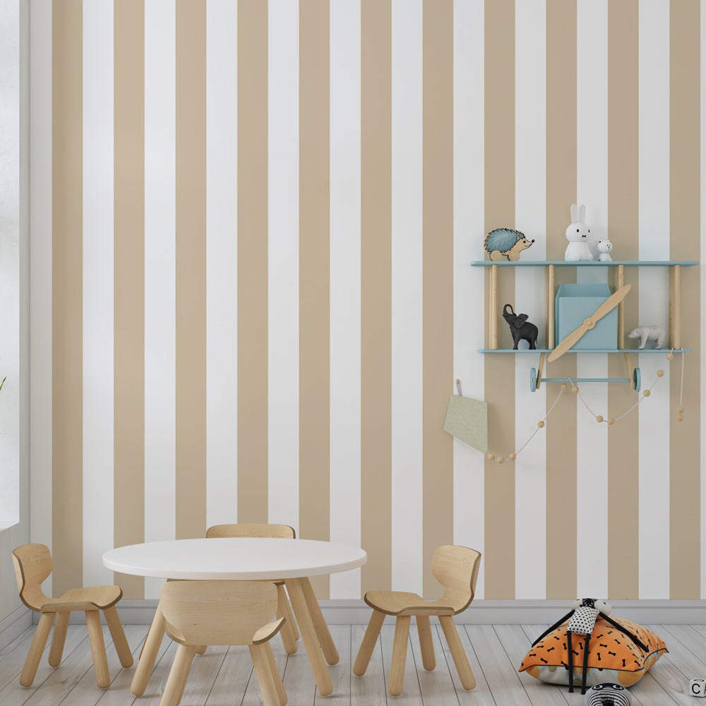 Beige striped wallpaper creating calming atmosphere in children's bedroom with wooden furniture