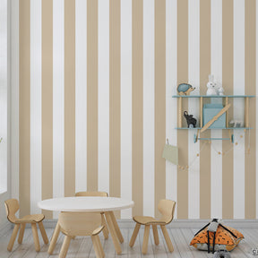 Beige striped wallpaper creating calming atmosphere in children's bedroom with wooden furniture