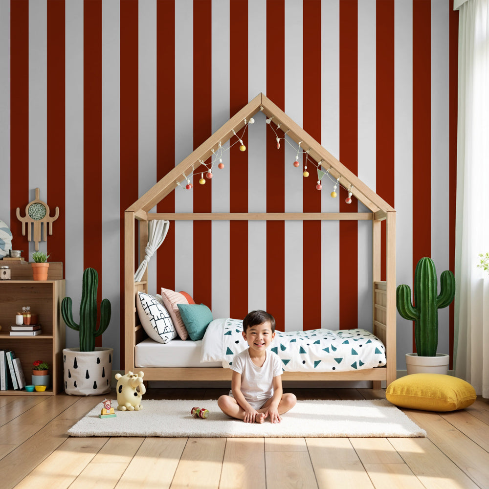 Brick red striped mural wallpaper in modern nursery room setting by Kids-Mundo