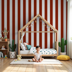 Brick red striped mural wallpaper in modern nursery room setting by Kids-Mundo