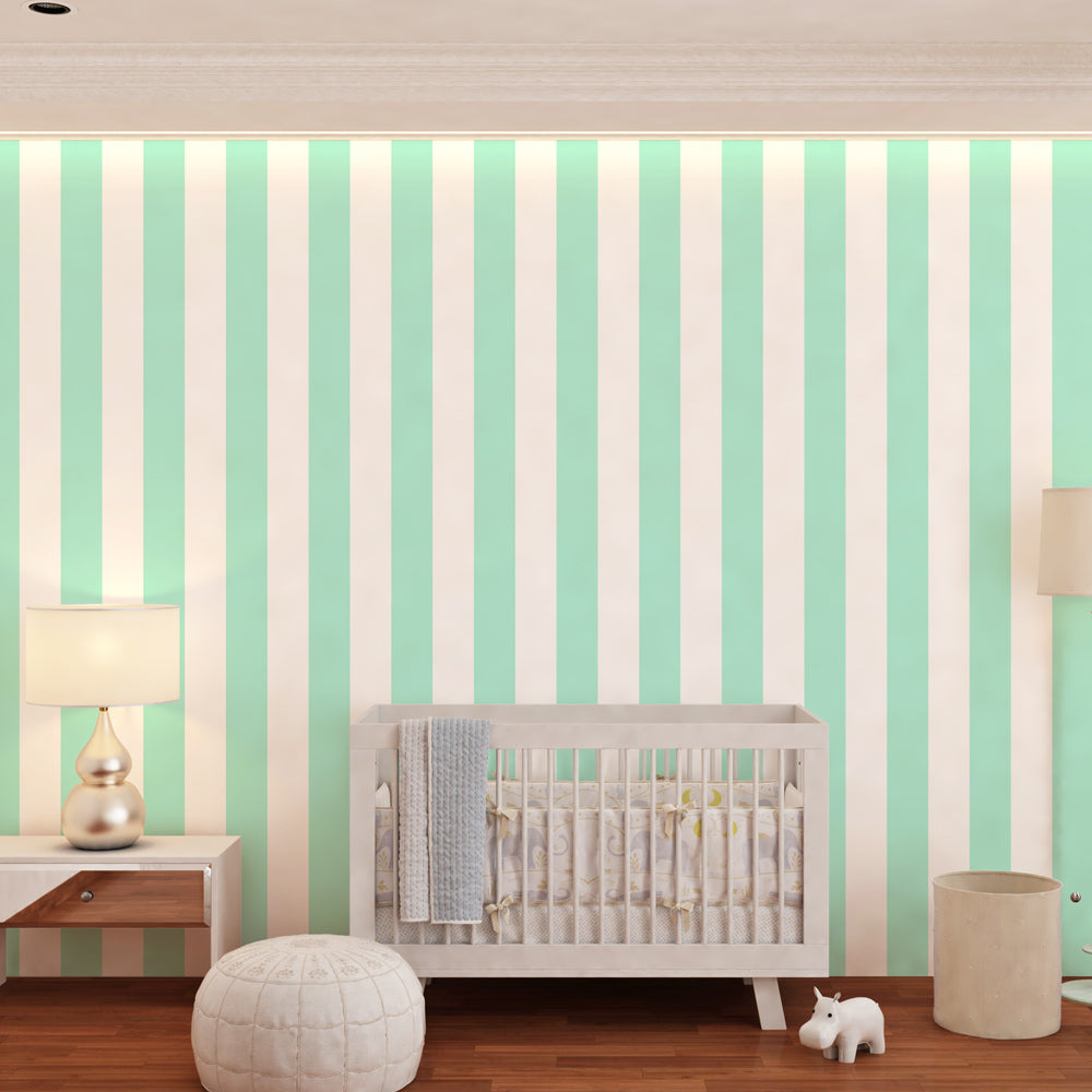 Modern striped mural wallpaper for children's room showcasing mint green vertical lines