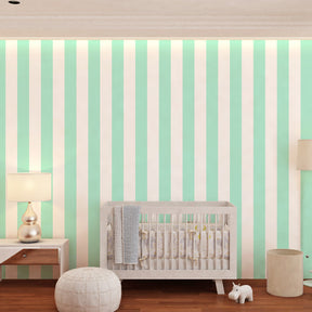 Modern striped mural wallpaper for children's room showcasing mint green vertical lines