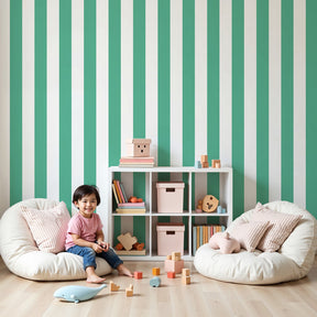Green watercolor striped mural wallpaper in modern nursery with white furniture by Kids-Mundo