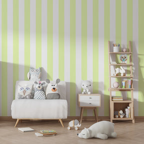 Yellow vertical stripes wallpaper creating calm atmosphere in children's bedroom decor