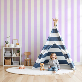 Soft mauve striped mural wallpaper in elegant nursery setting by Kids-Mundo