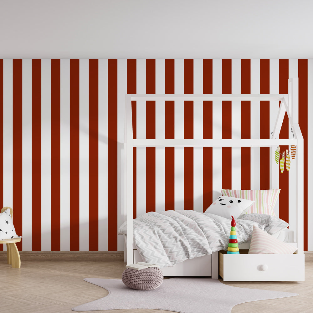 Modern striped mural wallpaper transforming children's playroom with brick red accents