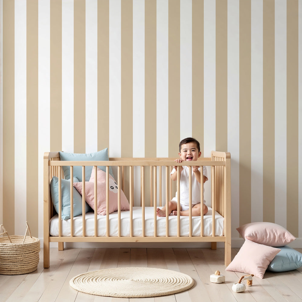 Elegant striped mural wallpaper in neutral tones decorating modern kids nursery by Kids-Mundo