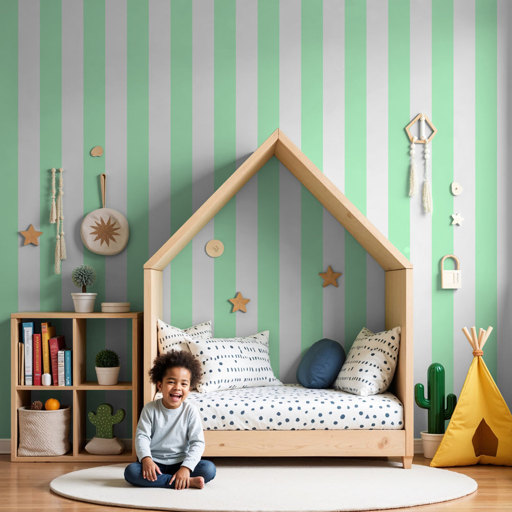 Elegant pastel green striped mural wallpaper in modern nursery setting by Kids-Mundo