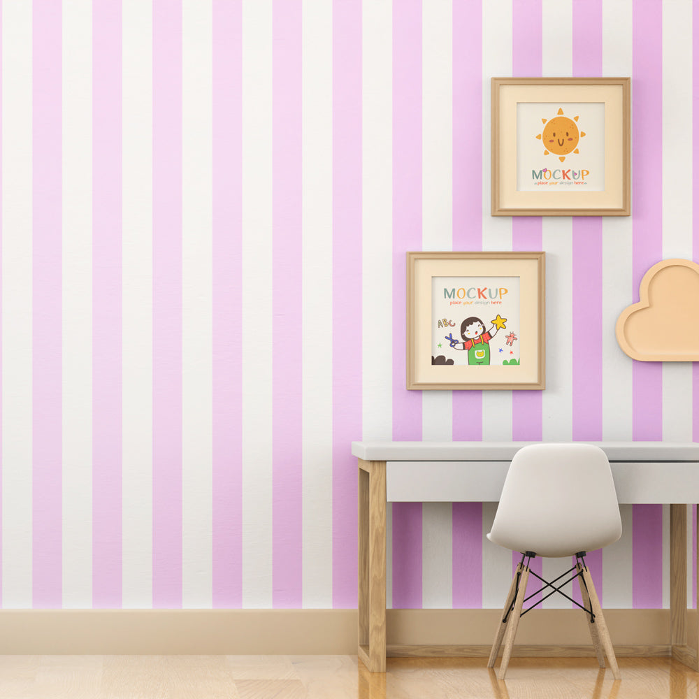 Gentle striped mural wallpaper for kids playroom with soft mauve tones by Kids-Mundo