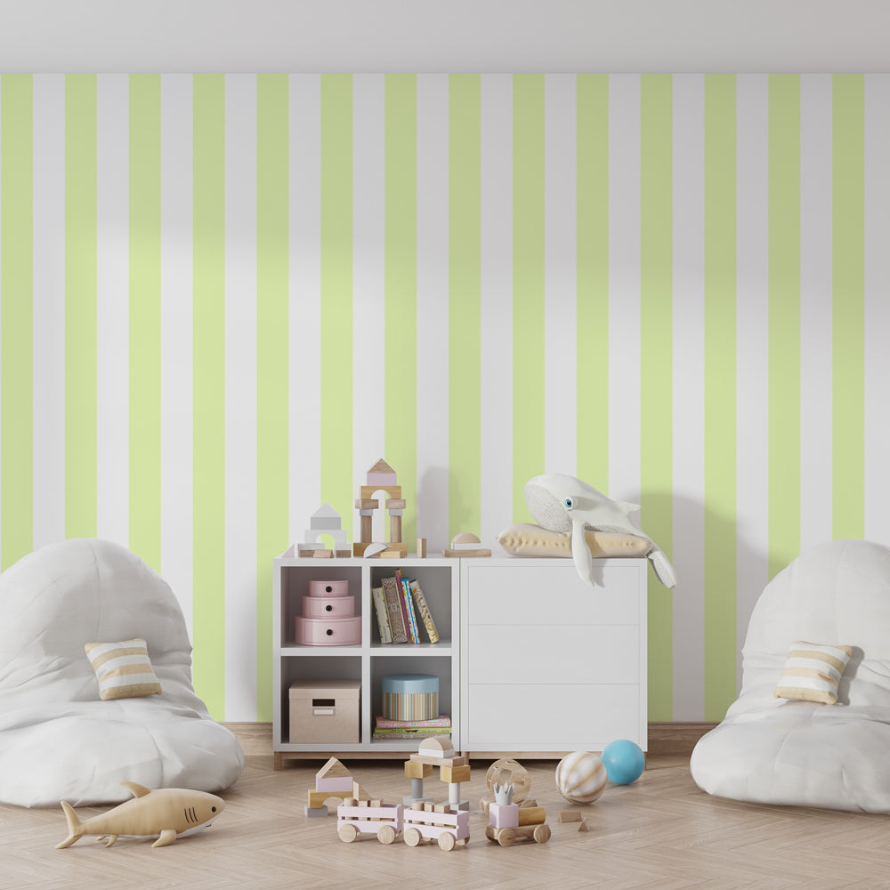 Gentle striped mural wallpaper for kids playroom with modern furniture by Kids-Mundo