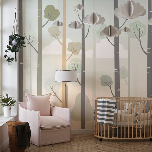 Kids-Mundo forest trees and clouds wall mural covering a kids bedroom wall in soft tones.