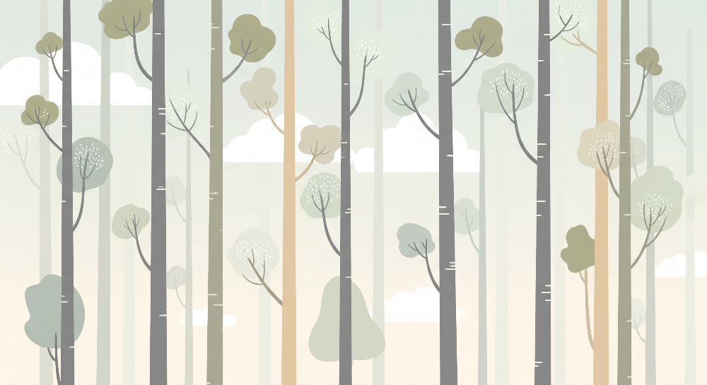 Kids-Mundo flat artwork of stylised forest trees and clouds wall mural design in muted tones.