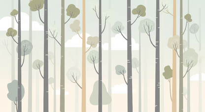 Kids-Mundo flat artwork of stylised forest trees and clouds wall mural design in muted tones.