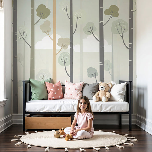 Kids-Mundo stylised forest trees and clouds wall mural in a calm, muted nursery setting.