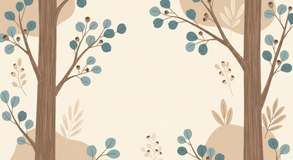 Kids-Mundo tree wall mural artwork showing stylised trees with teal leaves and acorns on cream